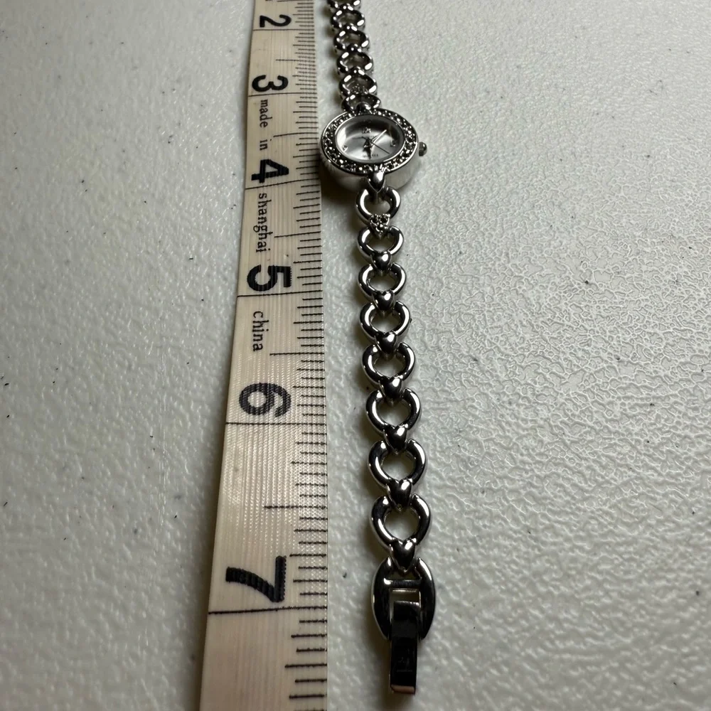 Y2K Shiny Silver Link Watch Versatile Dressy / Casual Marcasite Crystals 6 3/4”